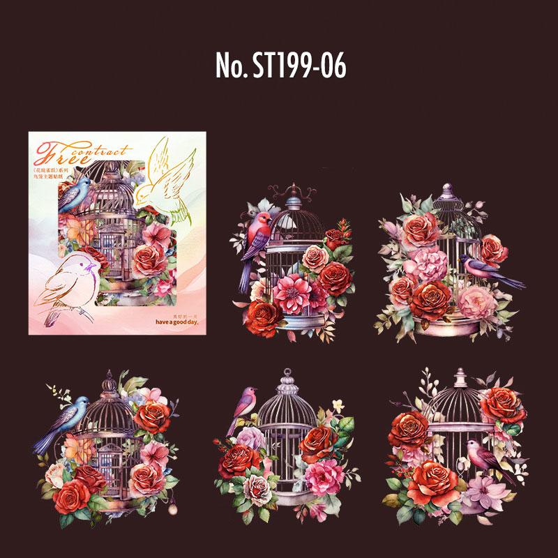 ST199|シール 鳥 鳥かご 鳥籠 薔薇 ローズ バラ 花