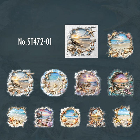 ST472|シール 風景 景色 背景 穴 壁 海 宇宙