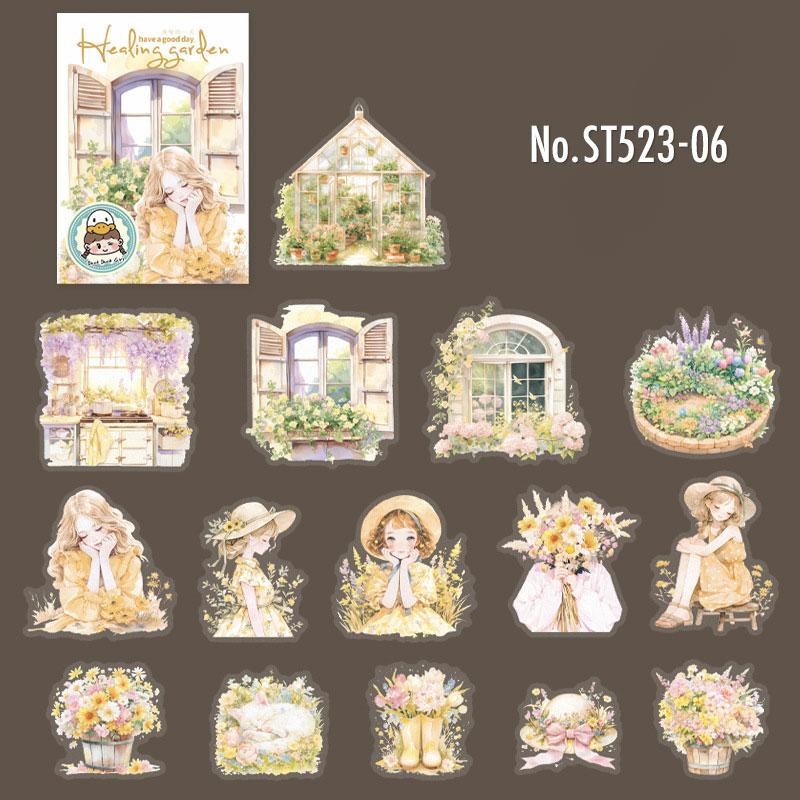 ST523|シール 人物 女性 女の子 花 フラワー 窓 窓枠 小屋