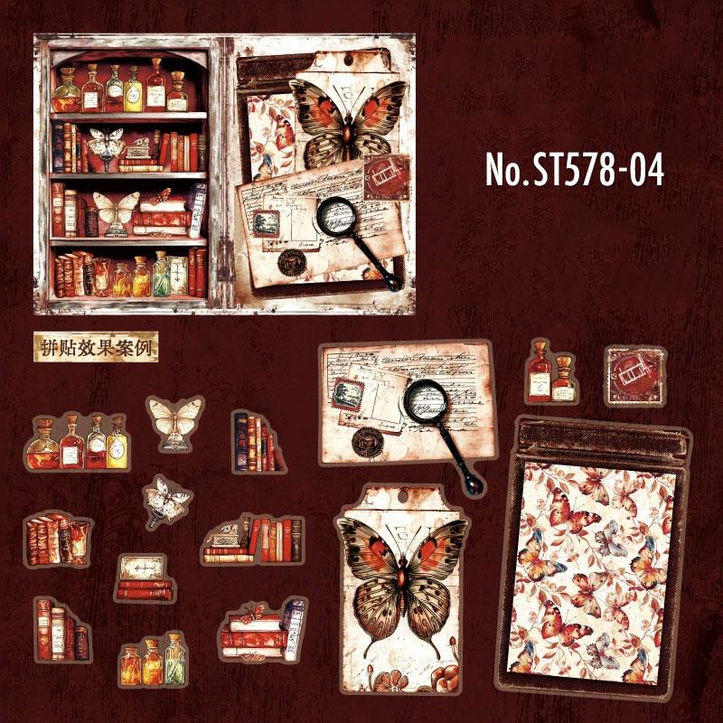 ST578|シール 本 瓶 ボトル 薬品 骸骨 ドクロ 骨 蝶 蝶々 トンボ 標本