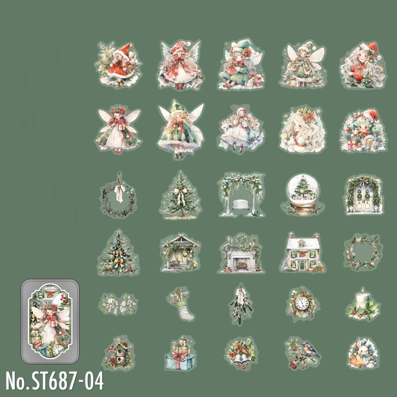ST687|シール 缶ケース付き クリスマス 人物 女性 女の子 かわいい サンタ 装飾 飾り