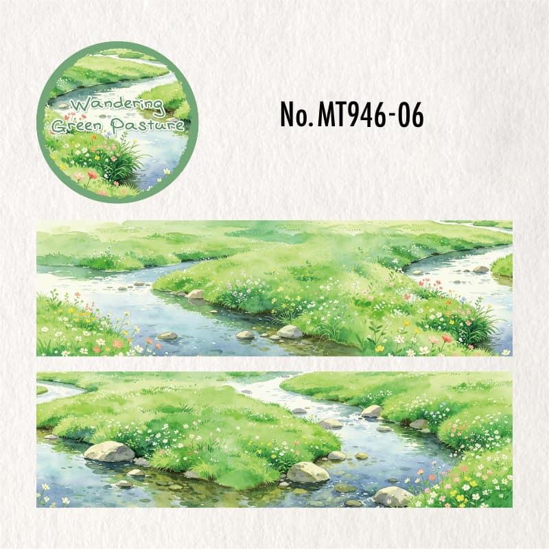 MT946｜草原 花畑 羊 山脈 小川 牧場 風車 青空