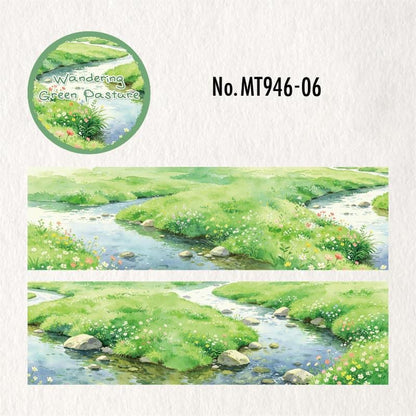MT946｜草原 花畑 羊 山脈 小川 牧場 風車 青空