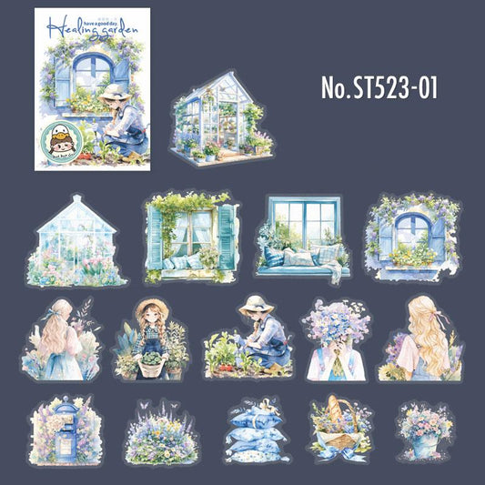 ST523｜シール 人物 女性 女の子 花 フラワー 窓 窓枠 小屋