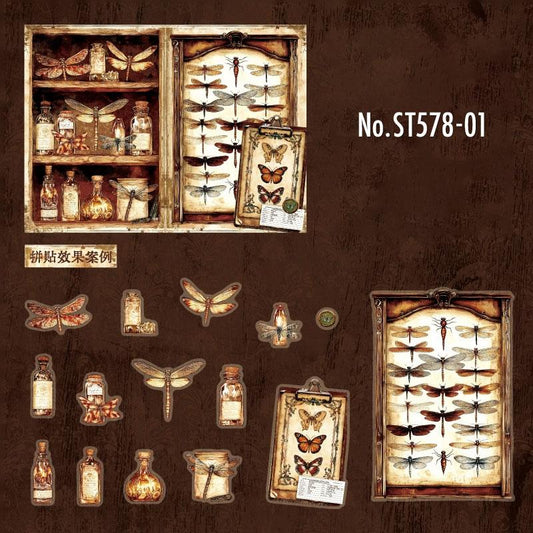 ST578｜シール 本 瓶 ボトル 薬品 骸骨 ドクロ 骨 蝶 蝶々 トンボ 標本