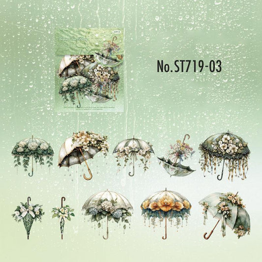 雨傘・花・梅雨のPETコラージュシール