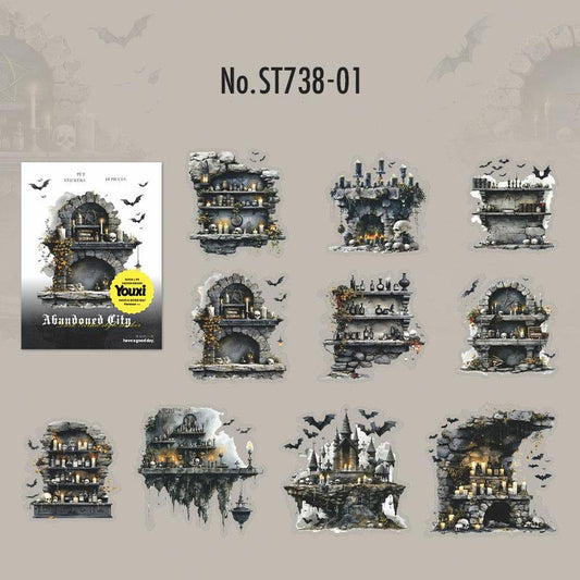 ST738｜シール ハロウィン お化け カボチャ ランタン コウモリ 廃墟 洞窟 墓地
