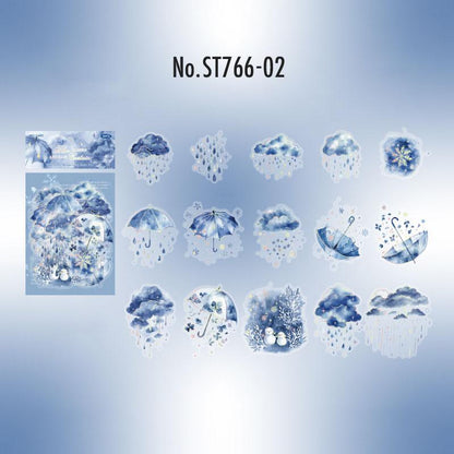ST766｜シール 青 ブルー バラ 花 雨 傘 雨雲 クジラ イルカ クラゲ 月 羽 夜空