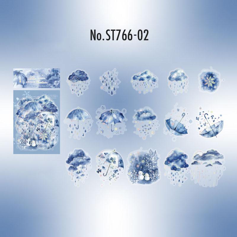 ST766｜シール 青 ブルー バラ 花 雨 傘 雨雲 クジラ イルカ クラゲ 月 羽 夜空