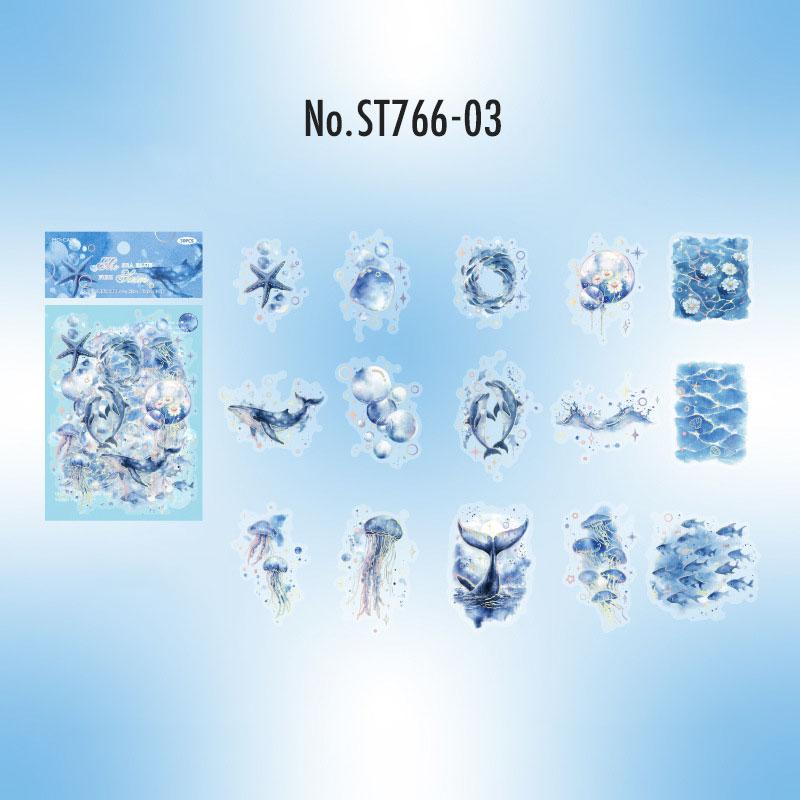 ST766｜シール 青 ブルー バラ 花 雨 傘 雨雲 クジラ イルカ クラゲ 月 羽 夜空