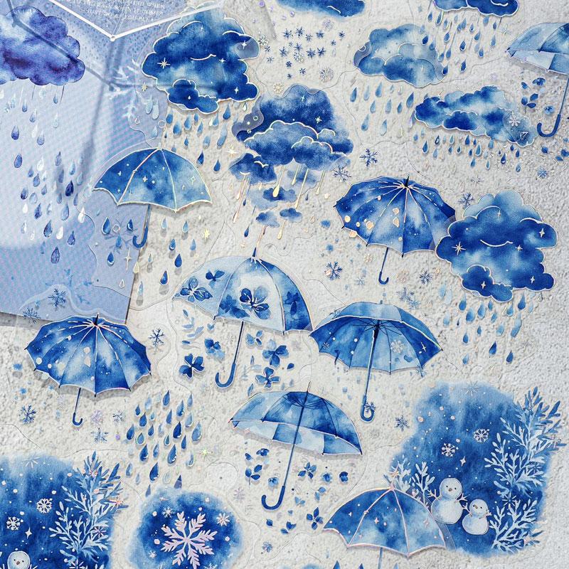 ST766｜シール 青 ブルー バラ 花 雨 傘 雨雲 クジラ イルカ クラゲ 月 羽 夜空