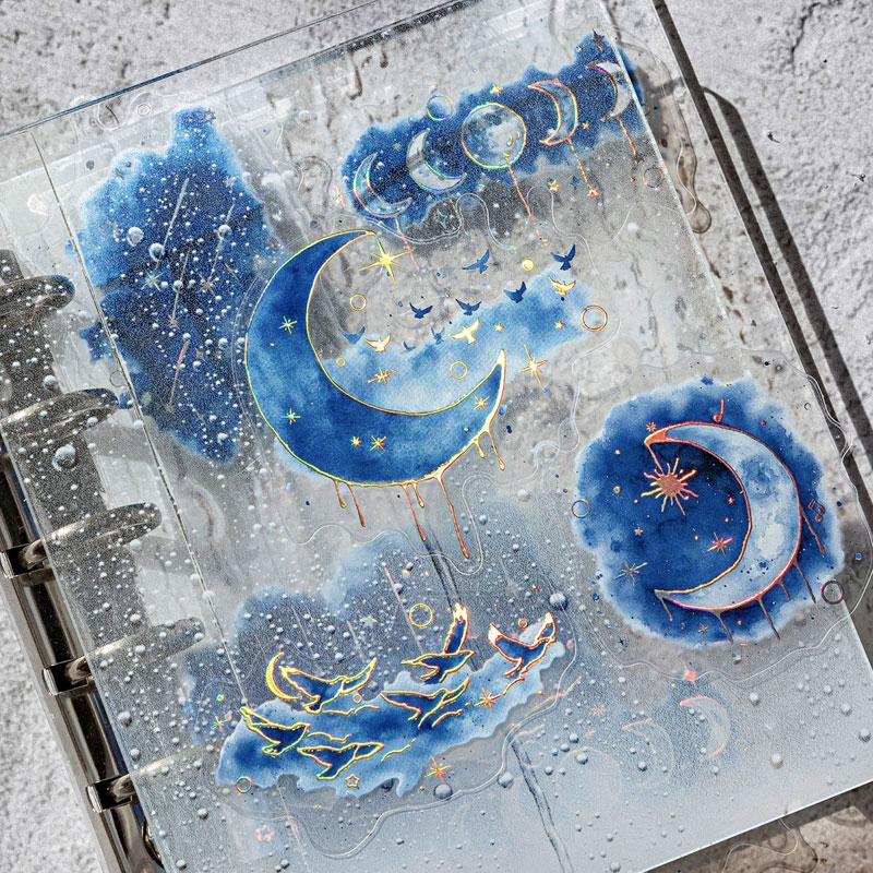 ST766｜シール 青 ブルー バラ 花 雨 傘 雨雲 クジラ イルカ クラゲ 月 羽 夜空