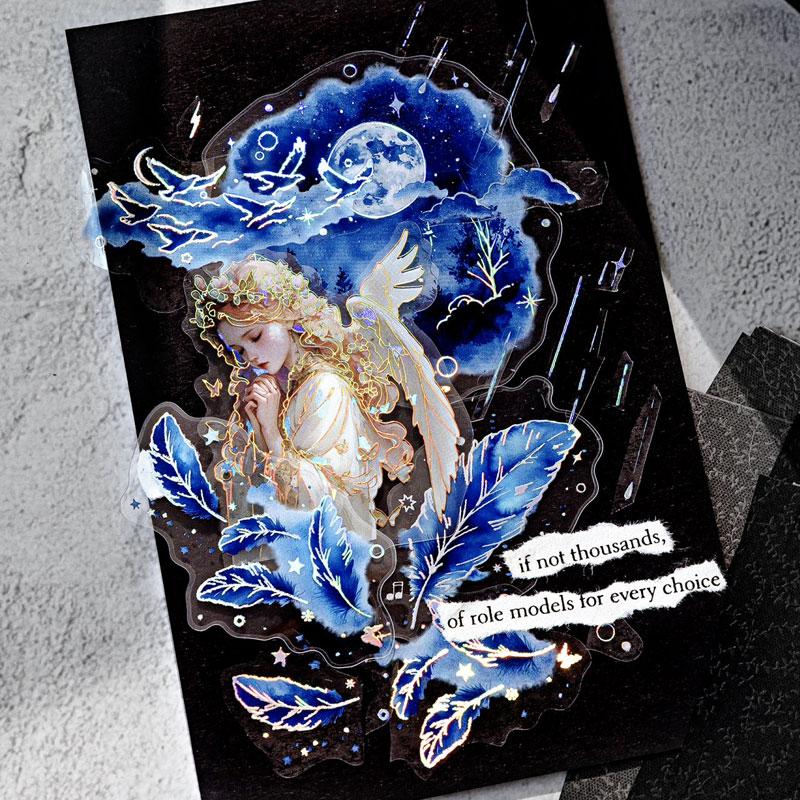 ST766｜シール 青 ブルー バラ 花 雨 傘 雨雲 クジラ イルカ クラゲ 月 羽 夜空