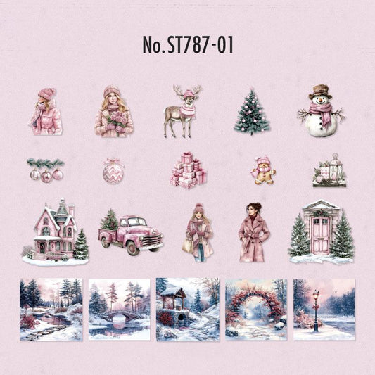 ST787｜シール クリスマス 人物 女性 サンタクロース プレゼント ツリー 雪だるま