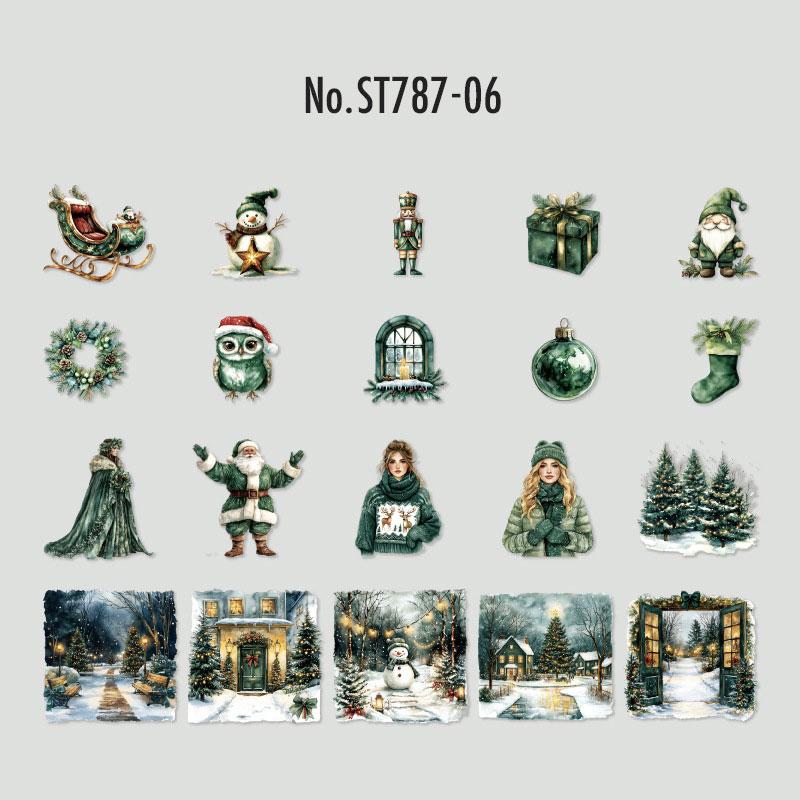 ST787｜シール クリスマス 人物 女性 サンタクロース プレゼント ツリー 雪だるま