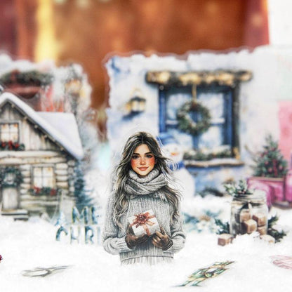 ST787｜シール クリスマス 人物 女性 サンタクロース プレゼント ツリー 雪だるま