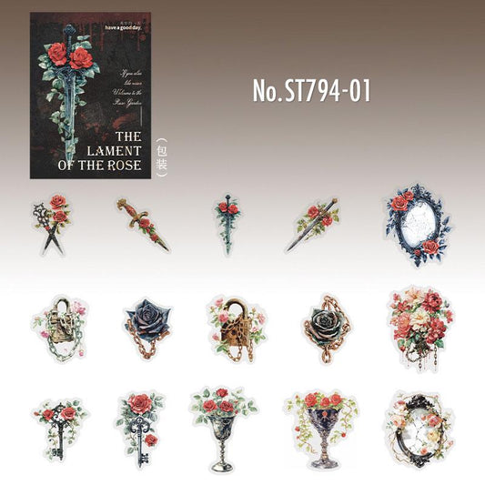ST794｜シール バラ ダークゴシック 薔薇 本 インク 蜘蛛 ハート 時計 ドクロ 骸骨