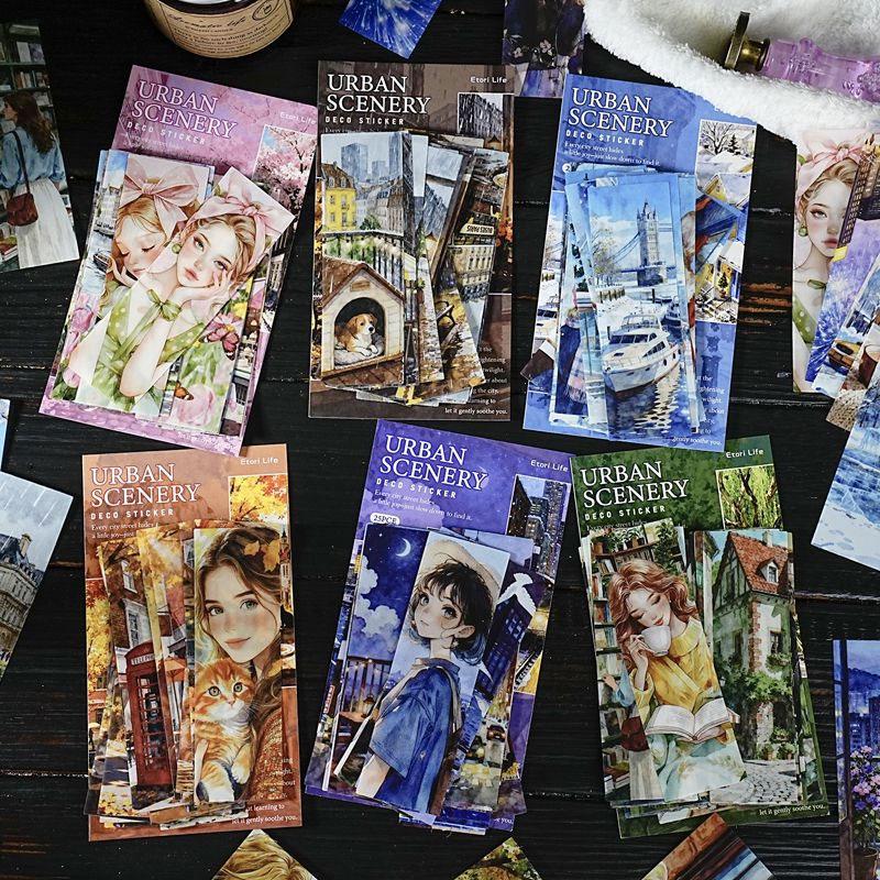 ST802 シール 人物 女性 風景 景色 縦長 細長い 帯状 ネコ イヌ 街並み