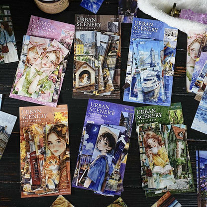 ST802 シール 人物 女性 風景 景色 縦長 細長い 帯状 ネコ イヌ 街並み