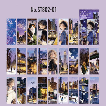 ST802 シール 人物 女性 風景 景色 縦長 細長い 帯状 ネコ イヌ 街並み