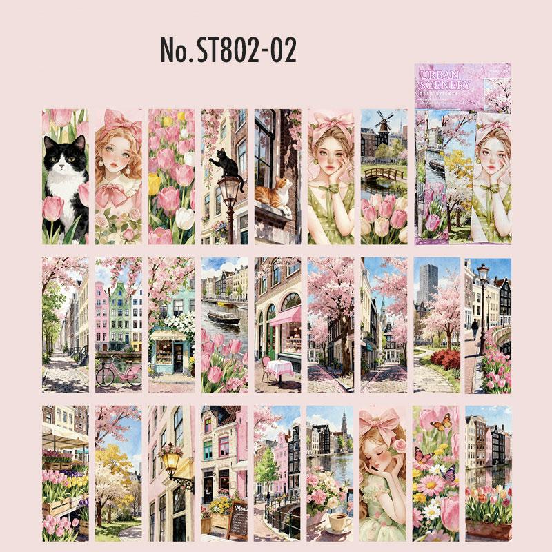 ST802 シール 人物 女性 風景 景色 縦長 細長い 帯状 ネコ イヌ 街並み