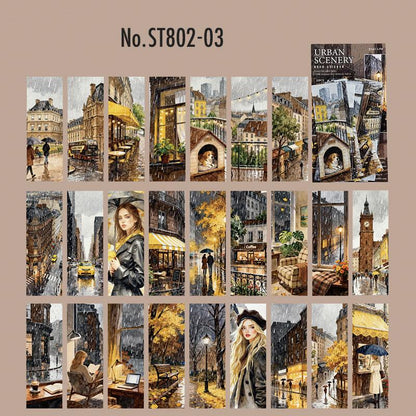ST802 シール 人物 女性 風景 景色 縦長 細長い 帯状 ネコ イヌ 街並み