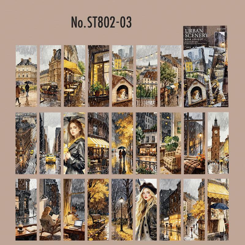 ST802 シール 人物 女性 風景 景色 縦長 細長い 帯状 ネコ イヌ 街並み