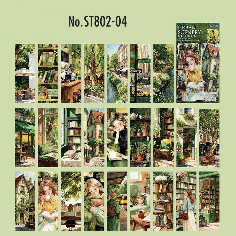 ST802 シール 人物 女性 風景 景色 縦長 細長い 帯状 ネコ イヌ 街並み