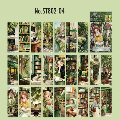 ST802 シール 人物 女性 風景 景色 縦長 細長い 帯状 ネコ イヌ 街並み