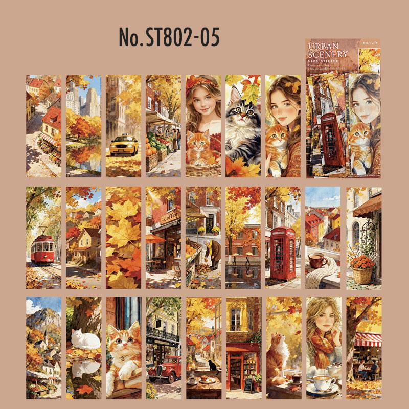 ST802 シール 人物 女性 風景 景色 縦長 細長い 帯状 ネコ イヌ 街並み
