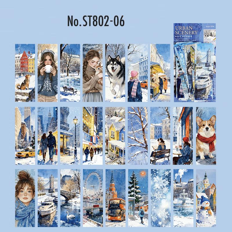 ST802 シール 人物 女性 風景 景色 縦長 細長い 帯状 ネコ イヌ 街並み