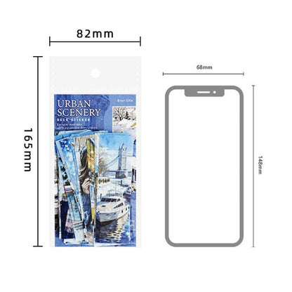 ST802 シール 人物 女性 風景 景色 縦長 細長い 帯状 ネコ イヌ 街並み