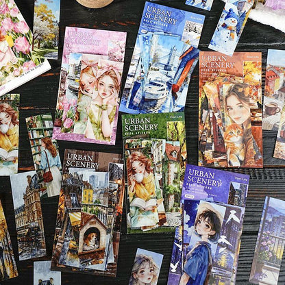 ST802 シール 人物 女性 風景 景色 縦長 細長い 帯状 ネコ イヌ 街並み
