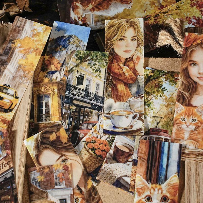 ST802 シール 人物 女性 風景 景色 縦長 細長い 帯状 ネコ イヌ 街並み