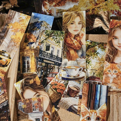 ST802 シール 人物 女性 風景 景色 縦長 細長い 帯状 ネコ イヌ 街並み