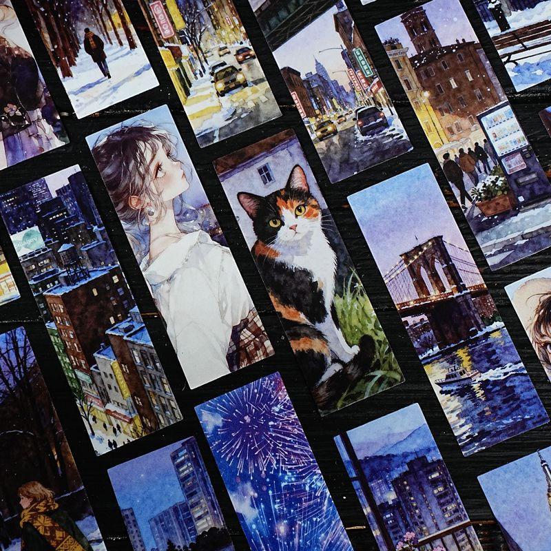 ST802 シール 人物 女性 風景 景色 縦長 細長い 帯状 ネコ イヌ 街並み