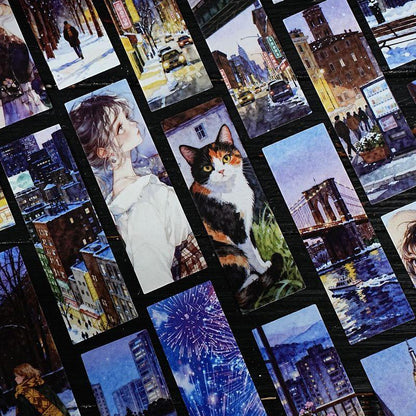 ST802 シール 人物 女性 風景 景色 縦長 細長い 帯状 ネコ イヌ 街並み