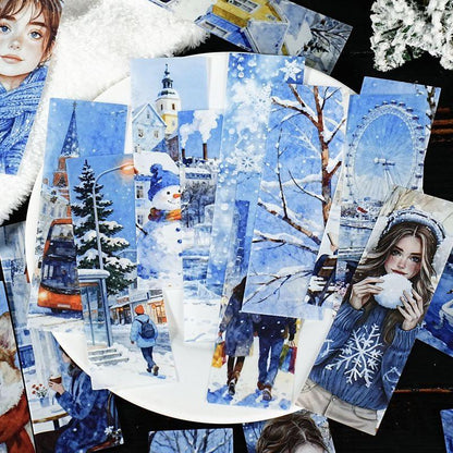 ST802 シール 人物 女性 風景 景色 縦長 細長い 帯状 ネコ イヌ 街並み