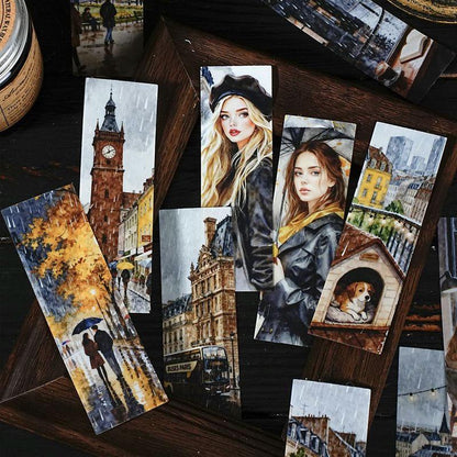 ST802 シール 人物 女性 風景 景色 縦長 細長い 帯状 ネコ イヌ 街並み