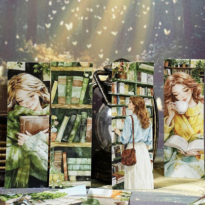 ST802 シール 人物 女性 風景 景色 縦長 細長い 帯状 ネコ イヌ 街並み