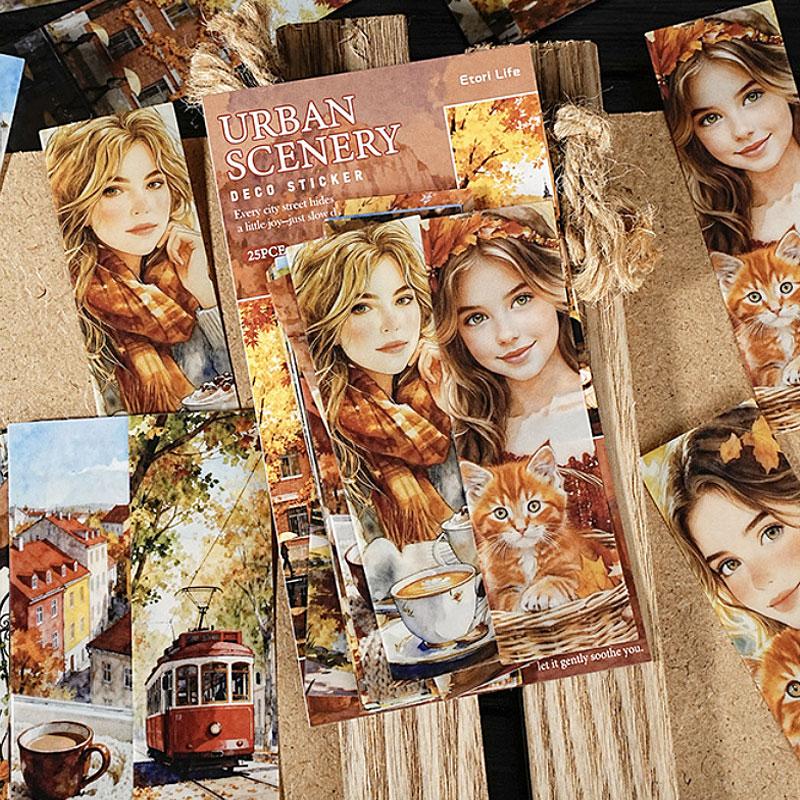 ST802 シール 人物 女性 風景 景色 縦長 細長い 帯状 ネコ イヌ 街並み
