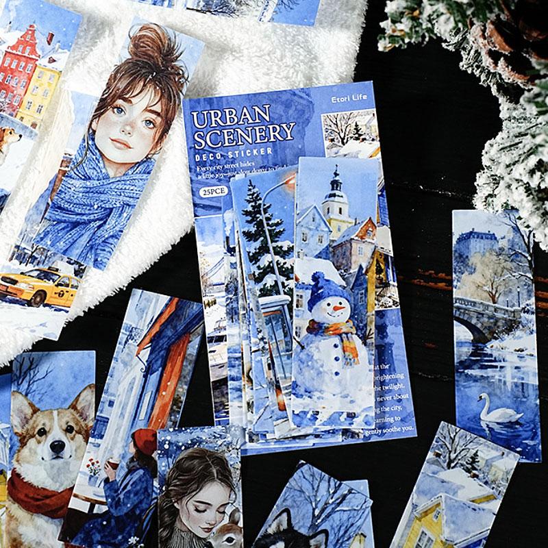 ST802 シール 人物 女性 風景 景色 縦長 細長い 帯状 ネコ イヌ 街並み