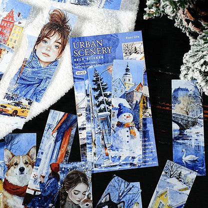 ST802 シール 人物 女性 風景 景色 縦長 細長い 帯状 ネコ イヌ 街並み