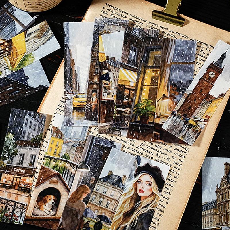 ST802 シール 人物 女性 風景 景色 縦長 細長い 帯状 ネコ イヌ 街並み