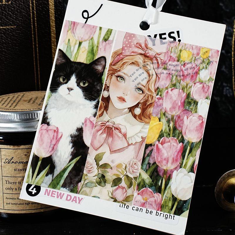 ST802 シール 人物 女性 風景 景色 縦長 細長い 帯状 ネコ イヌ 街並み