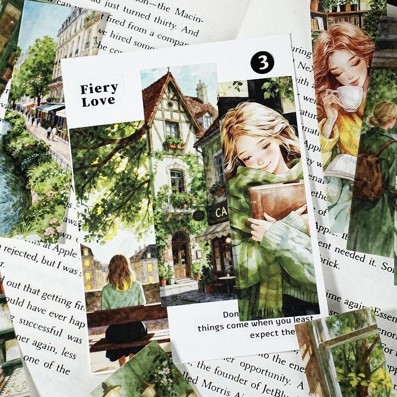 ST802 シール 人物 女性 風景 景色 縦長 細長い 帯状 ネコ イヌ 街並み