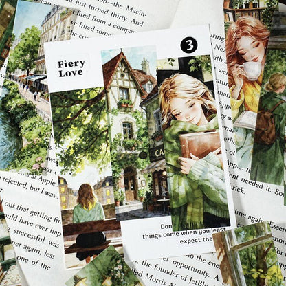 ST802 シール 人物 女性 風景 景色 縦長 細長い 帯状 ネコ イヌ 街並み