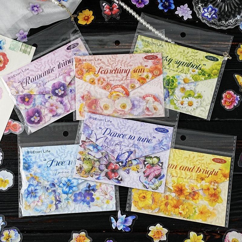 ST803 シール 花 蝶 パンジー ユリ マーガレット スイセン ポピー バタフライ