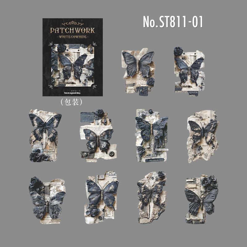 ST811 シール パッチワーク 蝶 小鳥 キノコ 花 バラ 紅葉 葉っぱ 時計 懐中時計