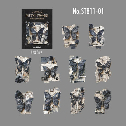 ST811 シール パッチワーク 蝶 小鳥 キノコ 花 バラ 紅葉 葉っぱ 時計 懐中時計